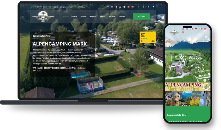 Website von Alpencamping Mark auf Laptop und Smartphone