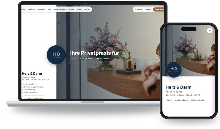 Website der Privatpraxis Herz & Darm in Hamburg auf Laptop und Smartphone