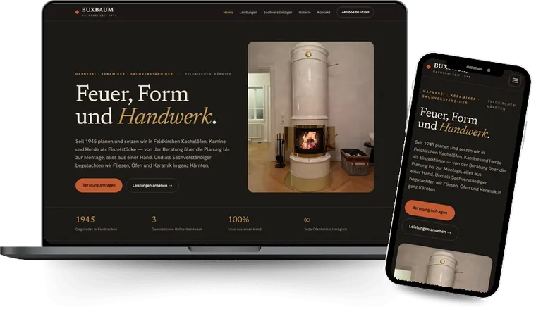 Website der Hafnerei Buxbaum auf Laptop und Smartphone