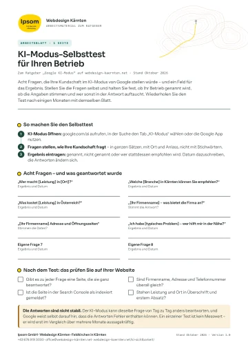 Vorschau: erste Seite der Arbeitsblatt „KI-Modus-Selbsttest für Ihren Betrieb“