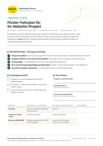 Vorschau: erste Seite der Checkliste „Förder-Fahrplan für Ihr Website-Projekt“