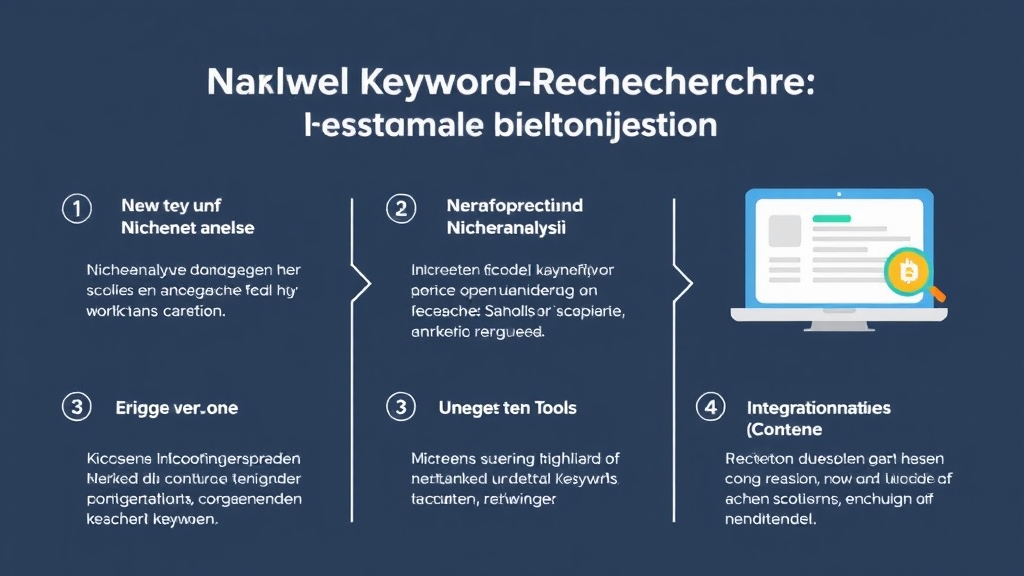 Infografik über die Schritte zur effektiven Keyword-Recherche für Start-ups, einschließlich Nischenanalyse, Nutzung von Tools und Integration in Inhalte.
