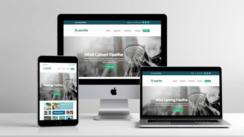 Ansicht einer responsiven Website auf verschiedenen Geräten: Smartphone, Tablet und Desktop-Computer, die optimal angepasstes Layout und Navigation zeigt.