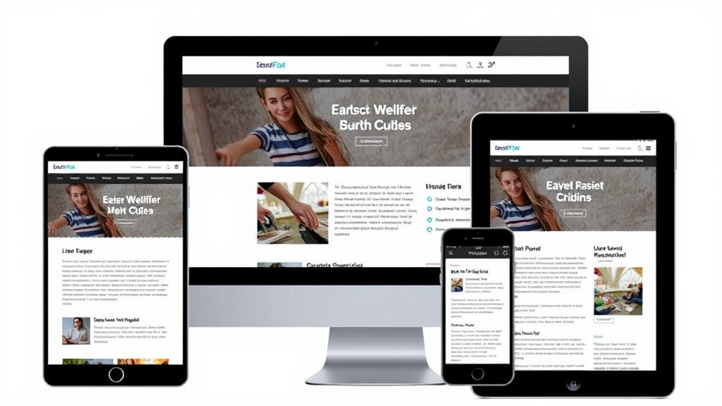 Ansicht einer responsiven Website auf verschiedenen Geräten, darunter Desktop, Tablet und Smartphone, mit angepasstem Layout und lesbaren Inhalten.