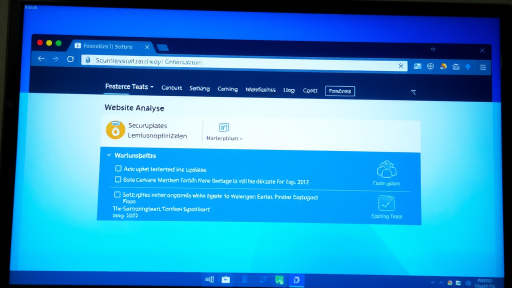 Bild eines Computerbildschirms mit einer geöffneten Website-Analyse-Software, die Sicherheitsupdates, Leistungsoptimierungen und Wartungsberichte anzeigt.