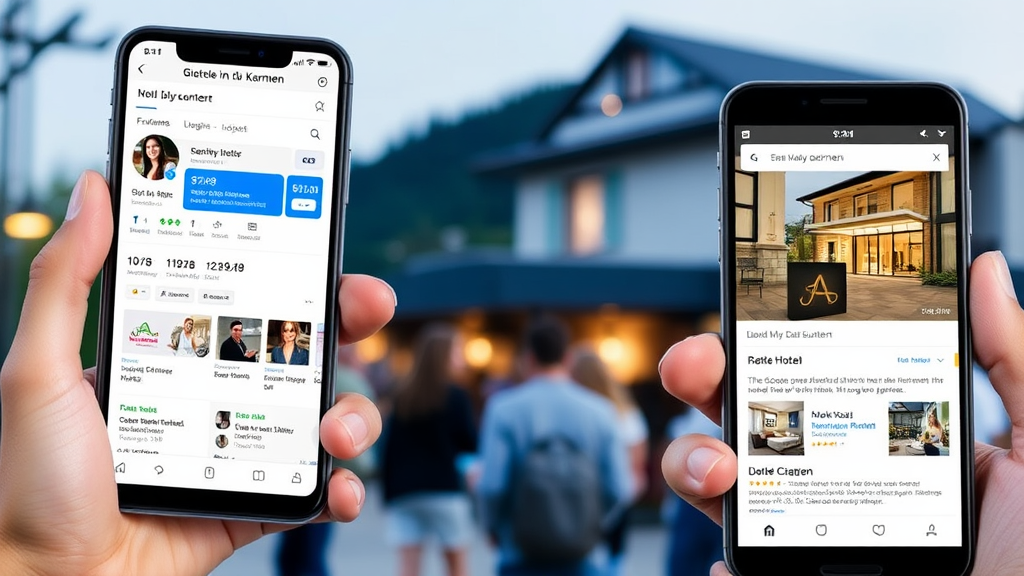 Bild eines modernen Hotels in Kärnten mit sichtbarem Google My Business-Profil, Gästen, die das Hotel betreten, und optimierter mobiler Website auf einem Smartphone.