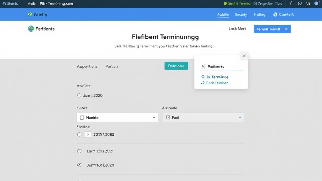 Bildschirmansicht einer Praxiswebsite mit Online-Terminbuchungssystem, das Patienten zeigt, wie sie flexibel Termine auswählen und buchen können.