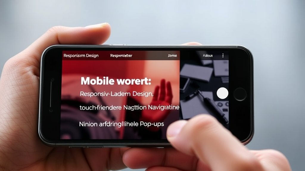 Darstellung einer mobil optimierten Website auf einem Smartphone mit responsivem Design, schneller Ladezeit, touch-freundlicher Navigation und ohne aufdringliche Pop-ups.
