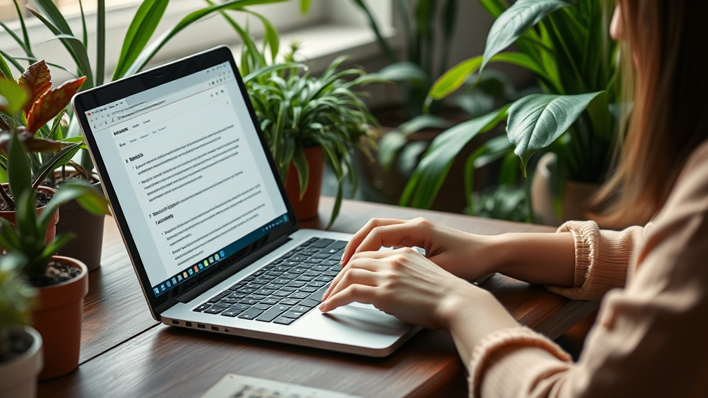 Eine Person schreibt an einem Laptop, umgeben von Pflanzen, während sie Inhalte für einen Unternehmensblog erstellt, der Fachwissen und Branchentrends präsentiert.
