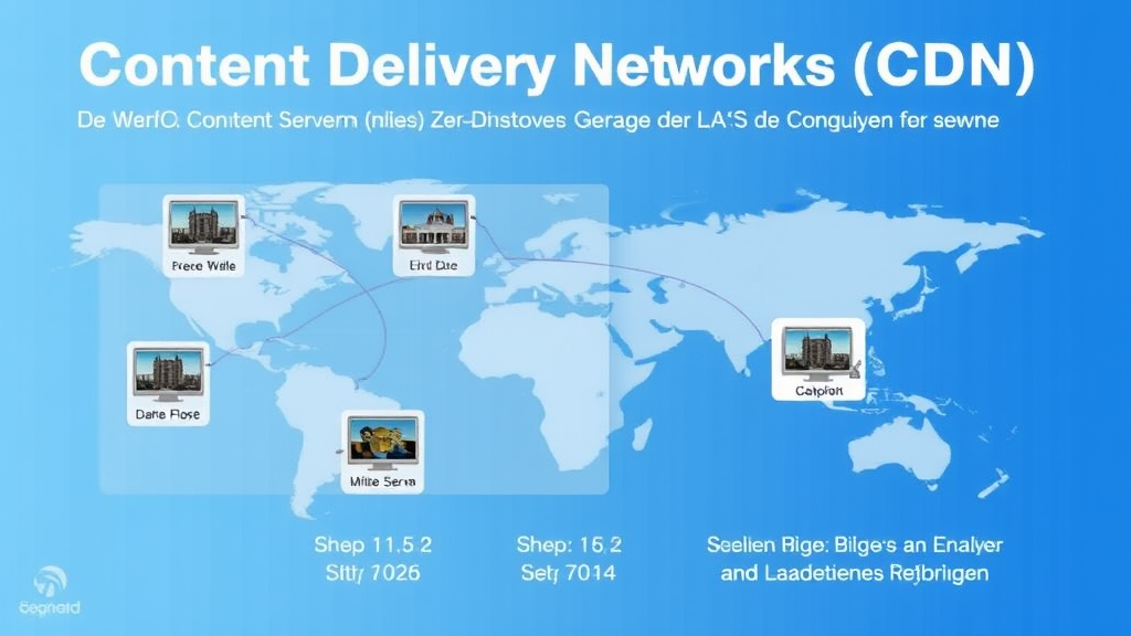 Grafik, die das Konzept eines Content Delivery Networks (CDN) zeigt, mit weltweit verteilten Servern, die schnell Bilder an Nutzer liefern und Ladezeiten reduzieren.