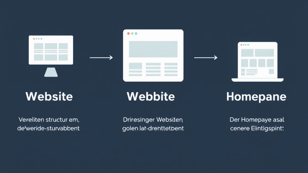 Grafik, die die Begriffe Website, Webseite und Homepage erklärt, mit Abbildungen jeweils einer Website-Struktur, einer einzelnen Webseite und der Homepage als zentralem Einstiegspunkt.