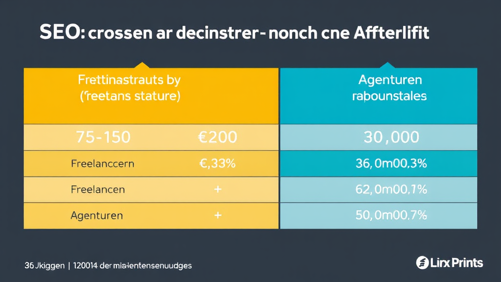 Grafik, die die Kostenstruktur für SEO-Dienstleistungen zeigt: Stundensätze von Freelancern (75-150 Euro) und Agenturen (150-300 Euro), sowie monatliche Betreuungskosten.