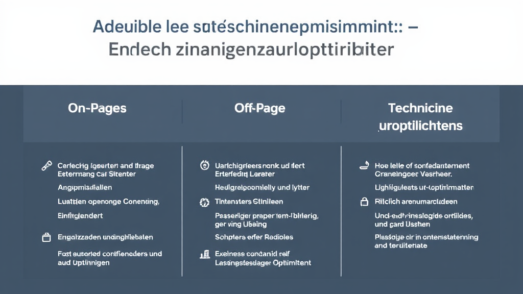 Grafik, die die drei Säulen der Suchmaschinenoptimierung (On-Page, Off-Page, technische Optimierung) zeigt, mit Beispielen und visuellen Elementen zur Veranschaulichung.
