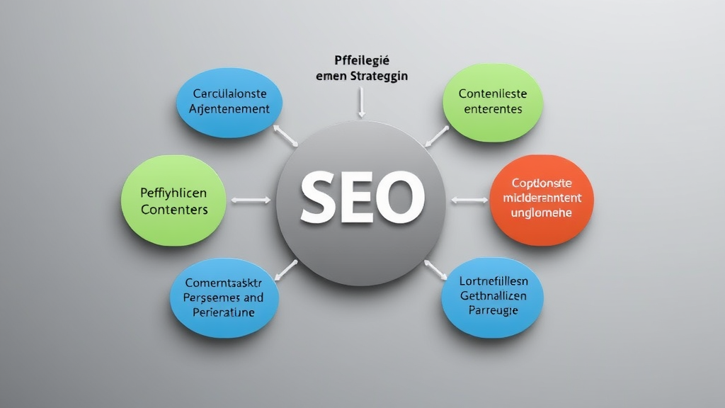 Grafik einer SEO-Strategie mit Pfeilen für kontinuierliche Anpassungen, hochwertigen Inhalten, Vertrauensaufbau und Kosteneffizienz zur nachhaltigen Sichtbarkeit einer Website.