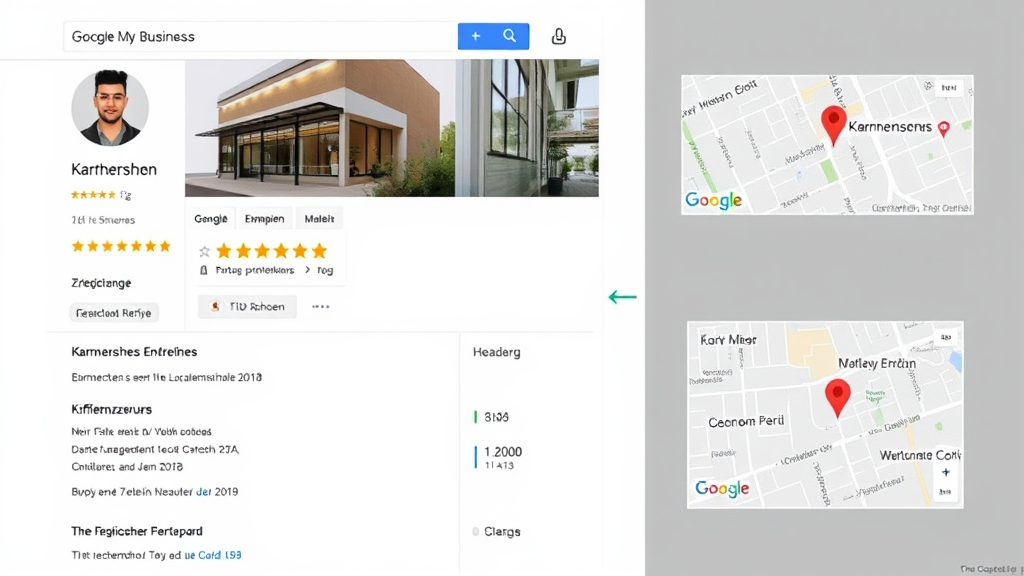 Grafik eines Google My Business-Profils für ein kärntnerisches Unternehmen, präsentiert mit Bewertungen, Öffnungszeiten und Standortkarte, um Local SEO zu veranschaulichen.