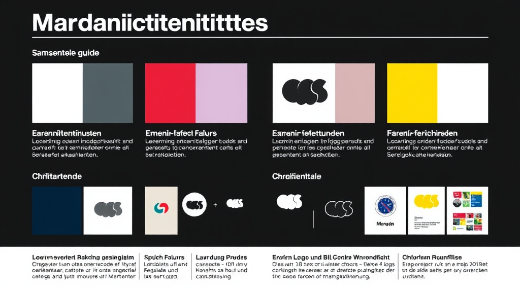 Grafik eines Markenidentitätsguides mit Beispielen für konsistent verwendete Farben, Schriftarten, Logos und Bildstil zur Stärkung der Markenwahrnehmung.