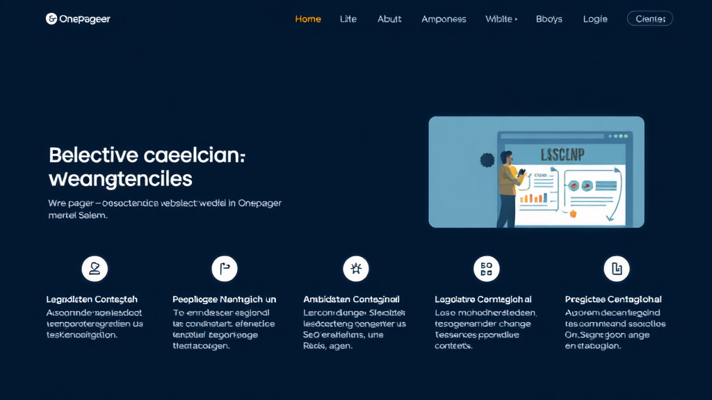 Grafik eines Onepager-Websites mit verschiedenen Bereichen, die die Herausforderungen wie begrenzte Inhalte, SEO-Probleme und Navigation verdeutlichen.