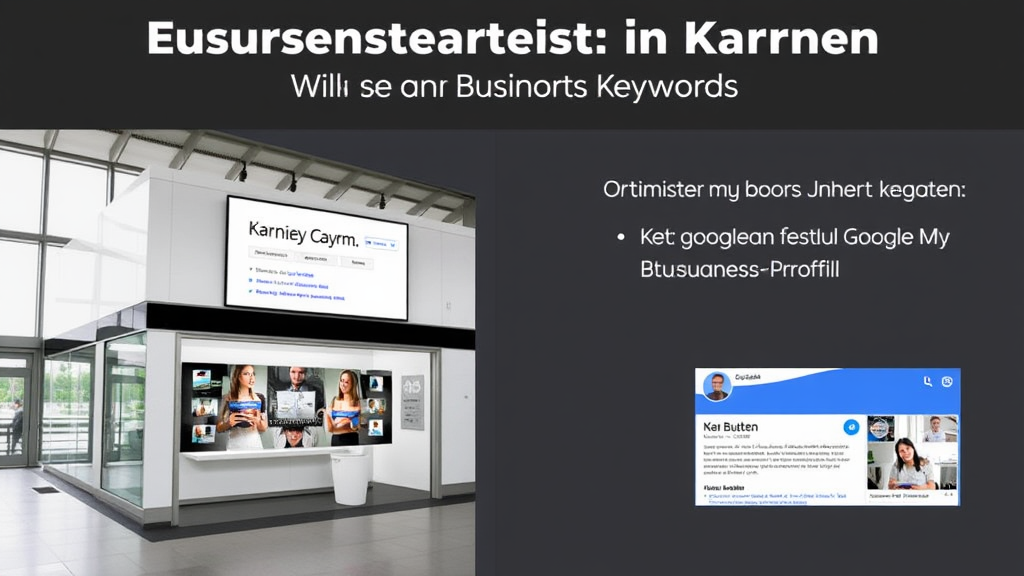 Grafik eines Unternehmensstandorts in Kärnten mit lokalen Keywords, Bildschirmansicht einer optimierten Webseite und Google My Business-Profil.