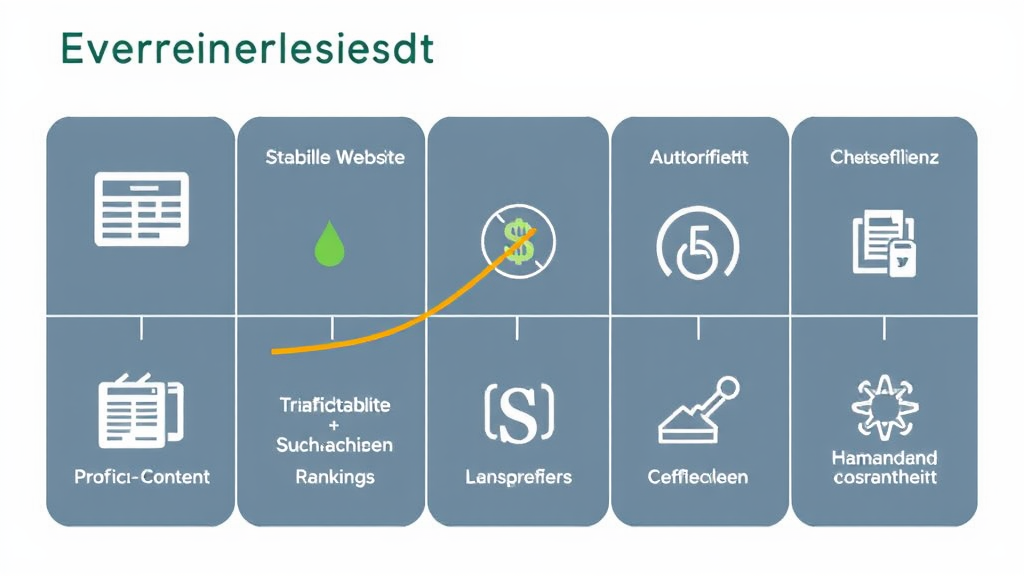 Grafik mit Symbolen für Evergreen-Content, darunter stabile Website-Traffic-Kurve, Suchmaschinen-Rankings, Autorität, Kosteneffizienz und Markenbekanntheit.