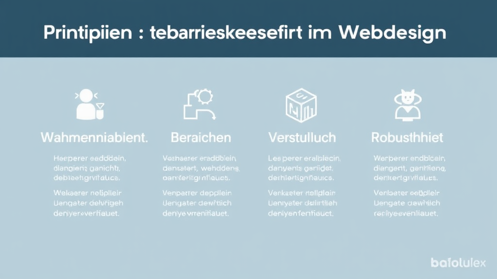 Grafik mit den vier Prinzipien der Barrierefreiheit im Webdesign: Wahrnehmbarkeit, Bedienbarkeit, Verständlichkeit und Robustheit, dargestellt mit Symbolen für jede Kategorie.