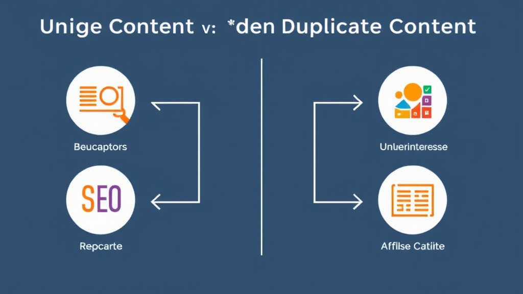 Grafik mit einer Darstellung von Unique Content, die den Unterschied zu Duplicate Content zeigt, mit Symbolen für SEO, Nutzerinteresse und hochwertige Inhalte.