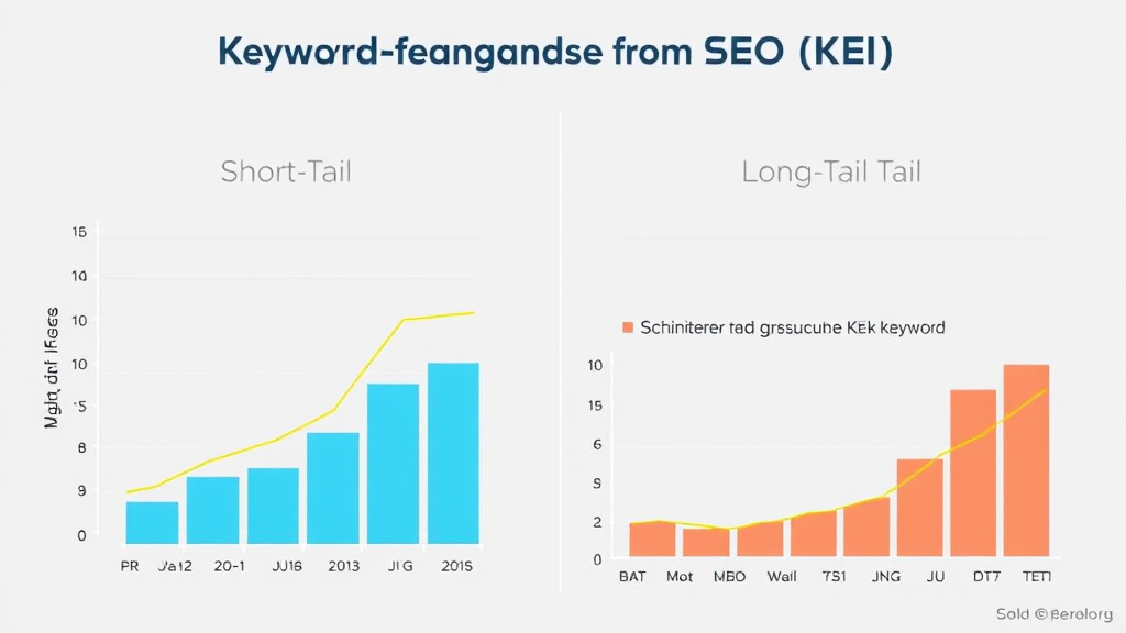 Grafik zur Keyword-Recherche für SEO mit Short-Tail und Long-Tail-Keywords, Suchintentionen und einer Darstellung des Keyword Efficiency Index (KEI).