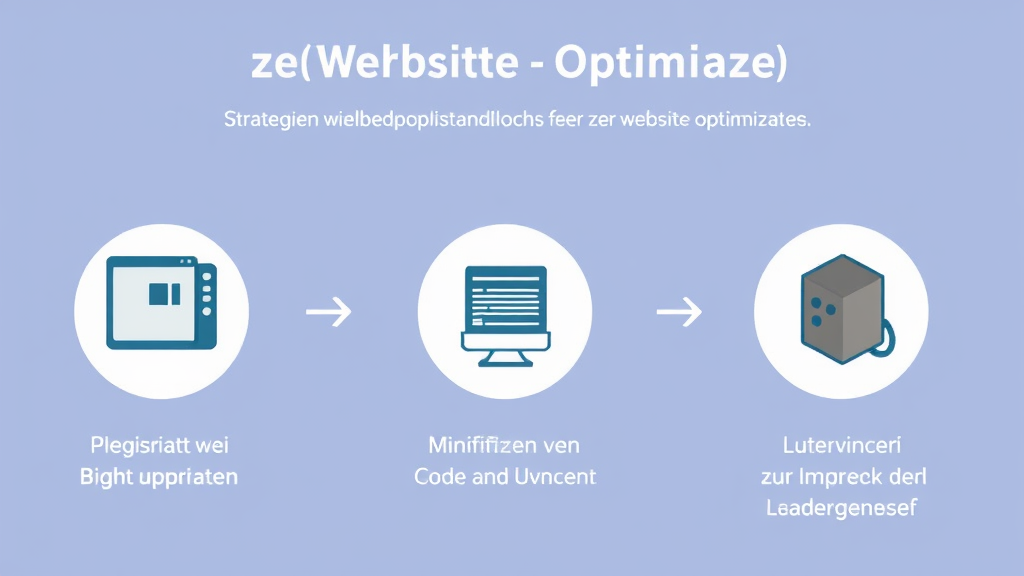 Grafik zur Website-Optimierung, die Strategien wie Bildkomprimierung, Minifizierung von Code und Nutzung von CDNs zur Verbesserung der Ladezeiten darstellt.