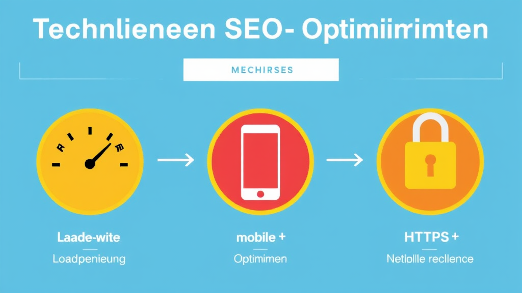 Grafische Darstellung der technischen SEO-Optimierung mit Symbolen für Ladezeiten, mobile Optimierung und HTTPS, ergänzt durch visuelle Listen von Maßnahmen.