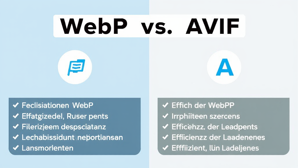 Grafische Darstellung des Vergleichs zwischen WebP und AVIF, inklusive Vorteile wie Dateigrößenreduktion, Unterstützung von Transparenz, und Effizienz der Ladezeiten.