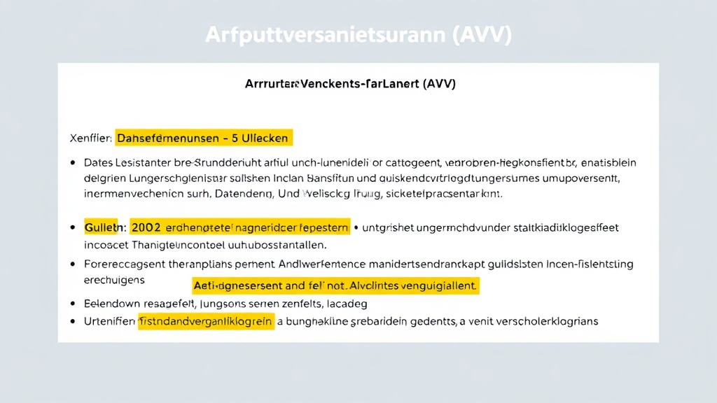 Grafische Darstellung eines Auftragsverarbeitungsvertrags (AVV) mit hervorgehobenen wichtigen Bestandteilen wie Datenschutzmaßnahmen, Pflichten und Standardvertragsklauseln.