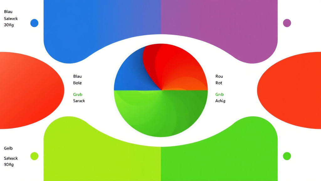 Grafische Darstellung eines Farbpalettenbeispiels mit den Farben Blau, Rot, Grün, Gelb und Schwarz, inklusive deren psychologischer Assoziationen und Anwendungen im Webdesign.