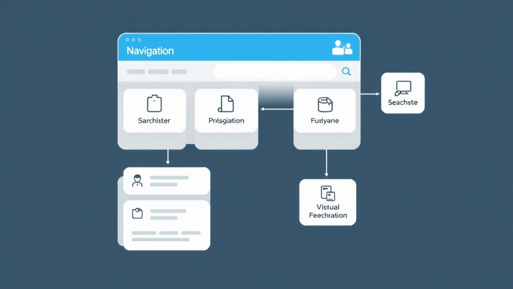 Illustration einer benutzerfreundlichen Website-Navigationsstruktur mit klaren Menüpunkten, mobiler Ansicht, Suchleiste und visuellen Feedback-Elementen.