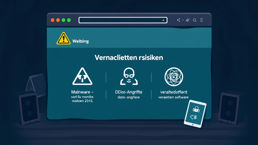 Illustration einer vernachlässigten Website mit Warnsymbolen für Sicherheitsrisiken, wie Malware, DDoS-Angriffe und veraltete Software, in einem bedrohlichen Umfeld.
