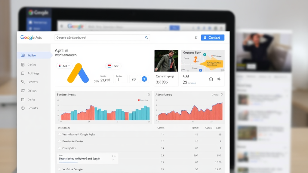 Illustration eines Google Ads-Dashboards mit Anzeigenstatistiken, einer Landingpage im Hintergrund, die visuelle Konsistenz und relevante Inhalte zeigt.
