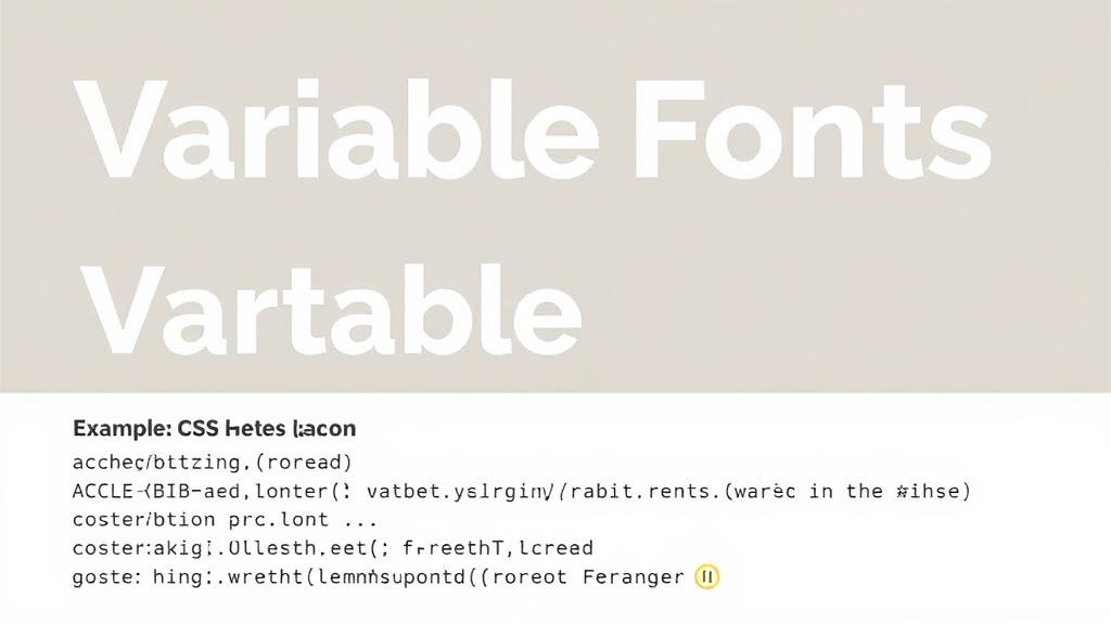 Illustration von Variable Fonts mit verschiedenen Achsen wie Gewicht, Breite und Neigung, sowie einem Beispiel-CSS-Code zur Implementierung in Webdesign.