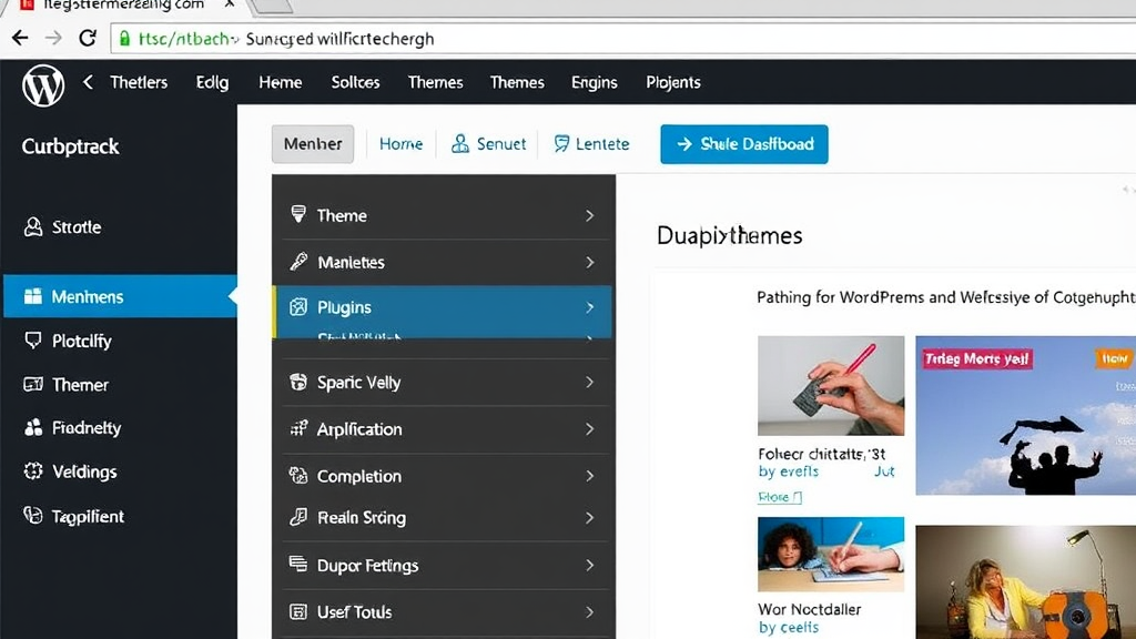 Screenshot einer WordPress-Oberfläche, die das Dashboard mit verschiedenen Menüpunkten, Themes und Plugins für eine Website-Verwaltung zeigt.