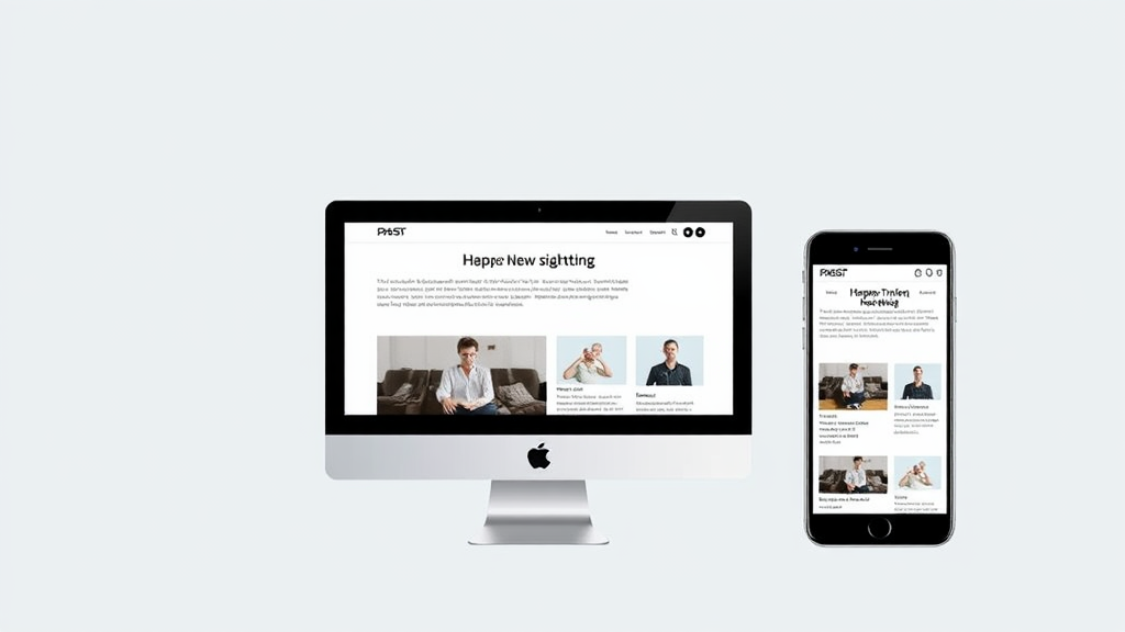 Screenshot einer responsiven Website, die sich an verschiedene Bildschirmgrößen anpasst, zeigt Anpassungen von Layout und Navigation auf Desktop, Tablet und Smartphone.