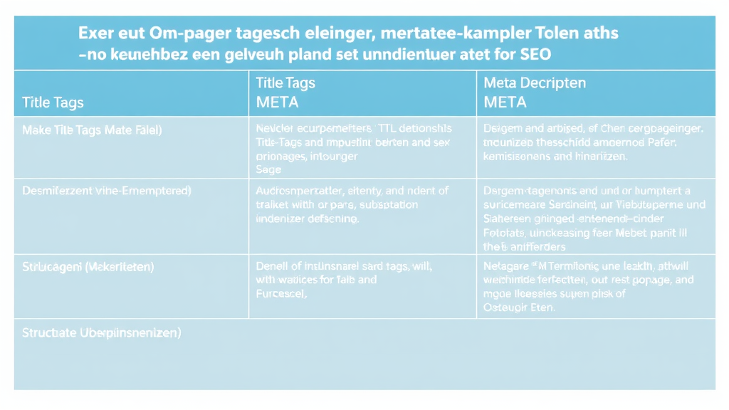 Tabelle mit Beispielen für effektive Titel-Tags, Meta-Beschreibungen und strukturierte Überschriften zur On-Page-Optimierung für SEO.