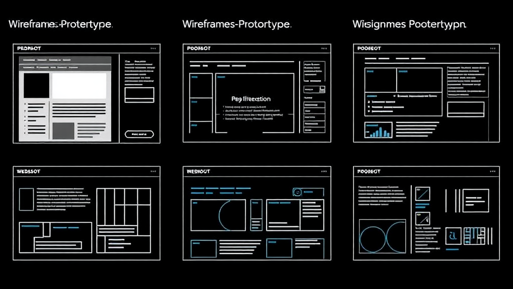 Visualisierung des Webdesign-Prozesses mit Wireframes, Prototypen und Designentwürfen, die die Struktur, Layouts und Benutzeroberfläche einer Webseite zeigen.