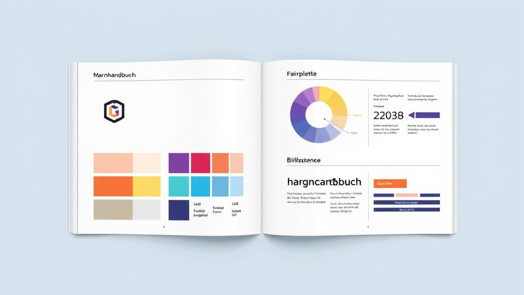 Visualisierung eines Markenhandbuchs mit Beispielen für Logo, Farbpalette, Schriftarten und Bildsprache zur Sicherstellung visueller Konsistenz.