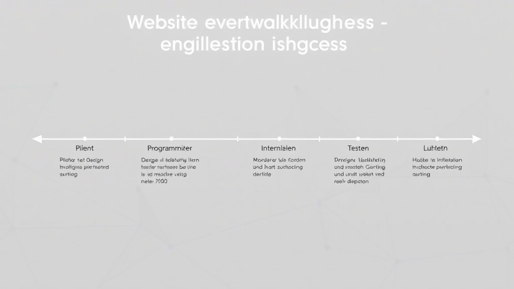 Visualisierung eines Website-Entwicklungsprozesses mit verschiedenen Phasen: Planung, Design, Programmierung, Inhaltserstellung, Testen und Veröffentlichung, dargestellt in einer Zeitleiste.