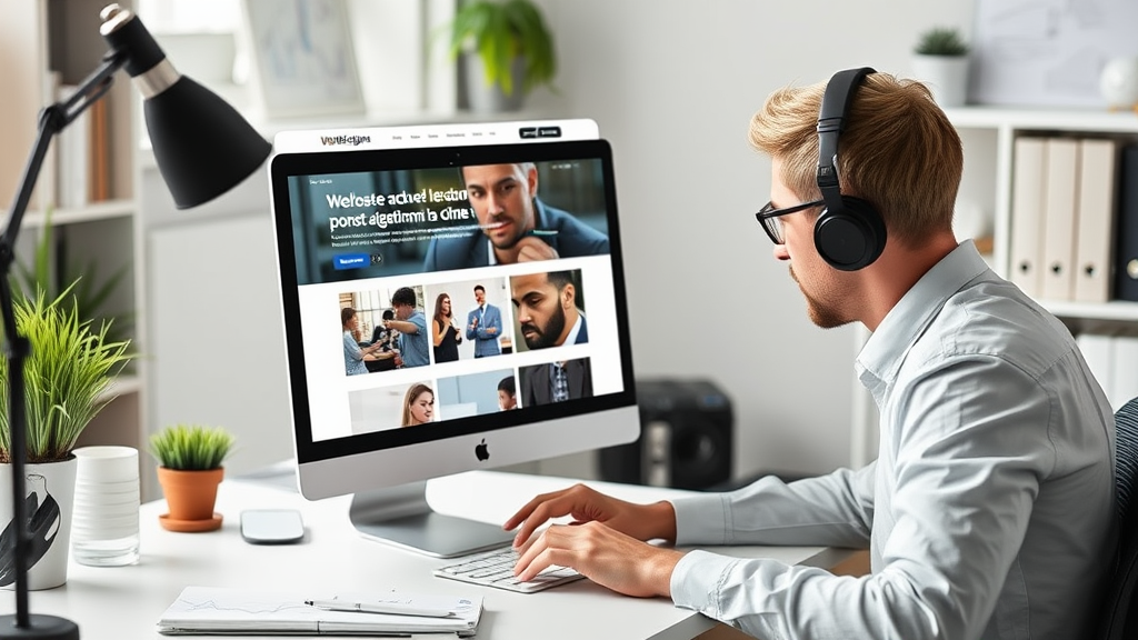 Webdesigner arbeitet an einer modernen Website, die aktuelle Inhalte und ein ansprechendes Design zeigt, um Nutzervertrauen und Markenimage zu fördern.