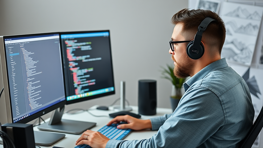Webdesigner bei der Arbeit an einem Computer, umgeben von Design-Software, mit HTML-Code auf dem Bildschirm und kreativen Skizzen nebenan.
