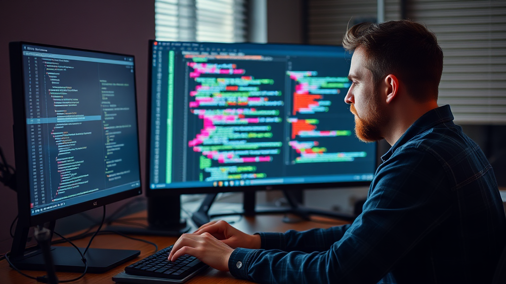 Webentwickler bei der Arbeit am Computer, mit geöffnetem Code-Editor, der Frontend- und Backend-Entwicklung für eine Webseite durchführt.