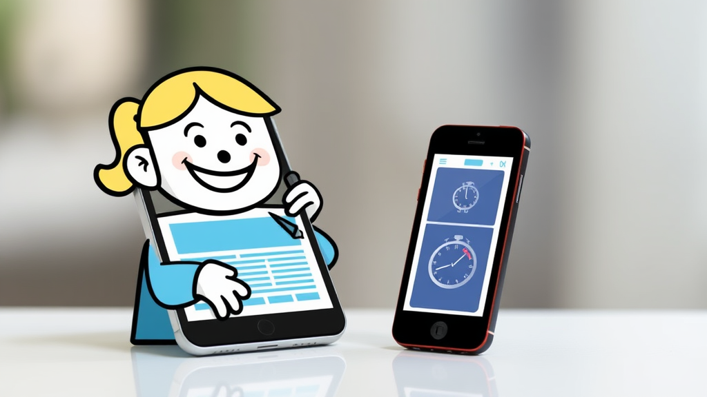 Zufriedene Nutzer, die auf mobilen Geräten eine schnell ladende Website nutzen, mit grafischen Elementen, die Ladezeiten und Suchmaschinenoptimierung darstellen.