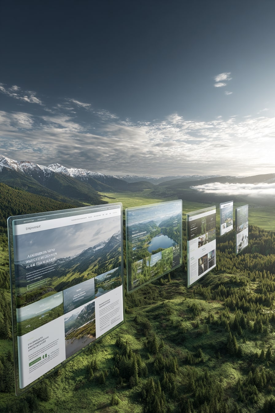 Moderne Webdesign-Konzepte mit Naturthema, schwebend über der malerischen Landschaft von Kärnten mit Bergen, Wäldern und Seen im Hintergrund
